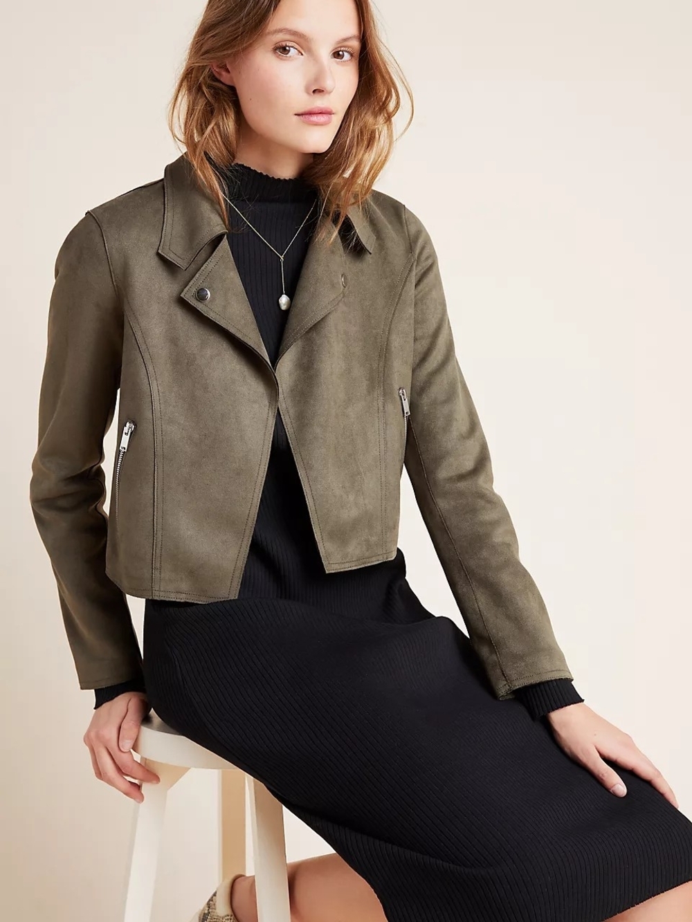 Anthropologie Leza Khaki Faux Suede Moto Jacket Cropped Boho Chic Small
